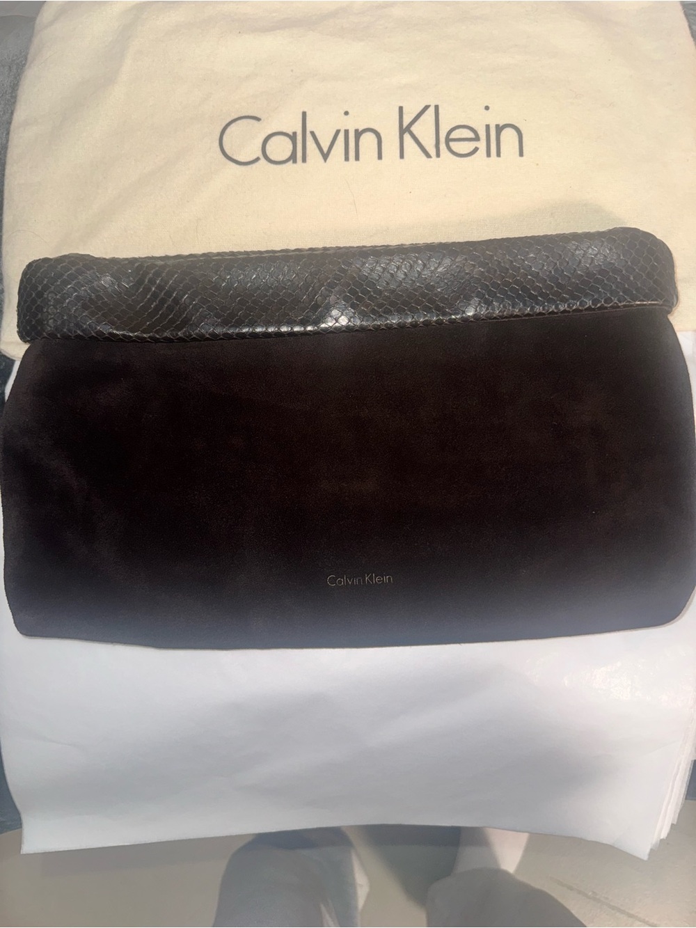 Calvin Klein Collection Suede clutch with python trim - Picture 5 of 7